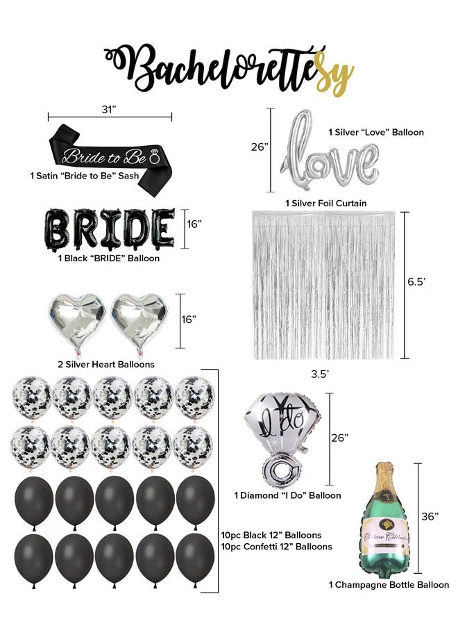 Bachelorettesy - 28Pc Bachelorette Party Decorations Kit For Bride To Be Bridal Shower Decorations Engagement Party Balloons Sash Foil Backdrop Curtain (Black) - Image 1