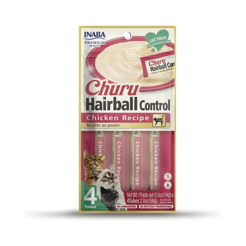 Inaba Churu Cat Treat, Chicken Flavor Hair Ball Control, Delicious Creamy Low Calorie Puree, Pack of 4 Tubes