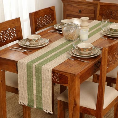 Peepul Tree Handmade Table Runner-4 Seater| Natural Grass Table Runner for Coffee & Centre Table | Non-Slippery | Heat-Resistant |12" x 60"Inch | Olive Green & Off White | Home Decor Gift Items - Image 1