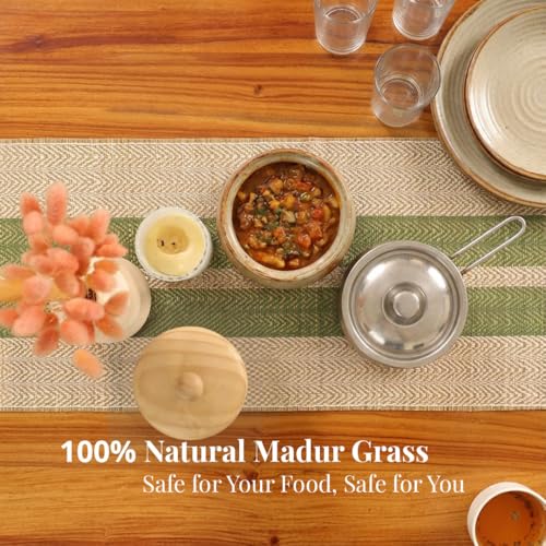 Peepul Tree Handmade Table Runner-4 Seater| Natural Grass Table Runner for Coffee & Centre Table | Non-Slippery | Heat-Resistant |12" x 60"Inch | Olive Green & Off White | Home Decor Gift Items - Image 4