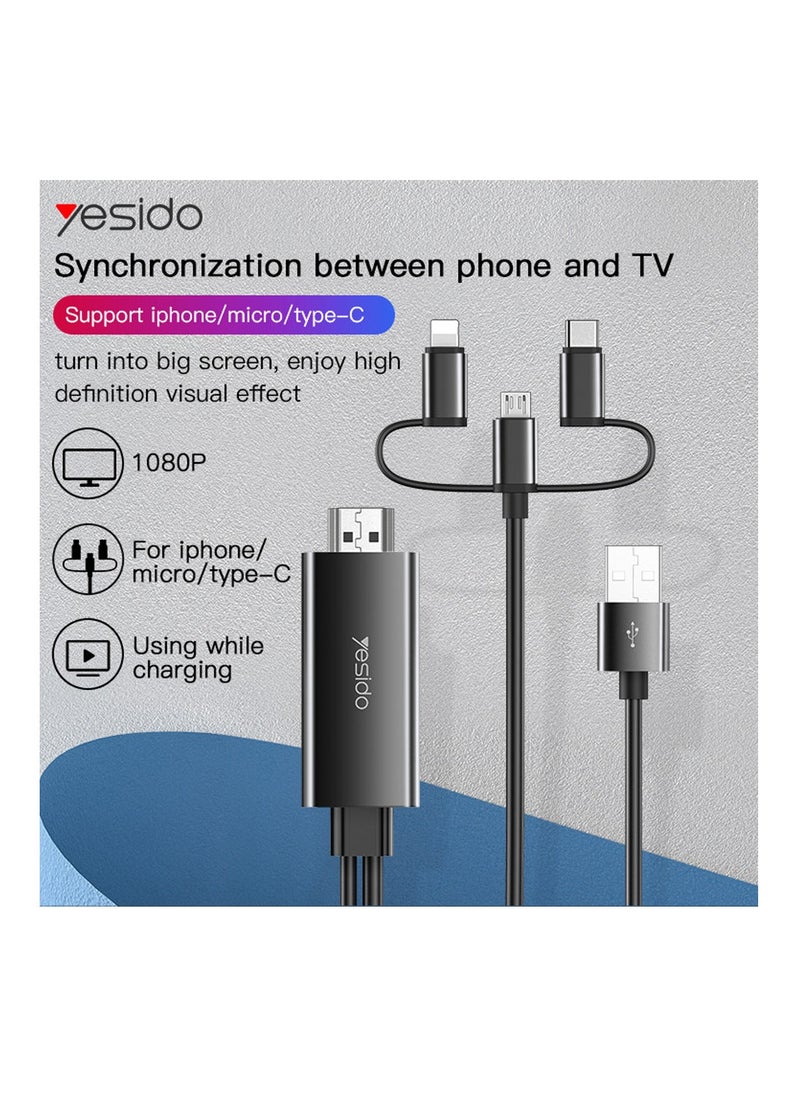 Yesido Yesido HM05 USB Charging 1080p 60HZ Lightning + Micro + Type-C to HDMI Cable Adapter - Black  - Image 2