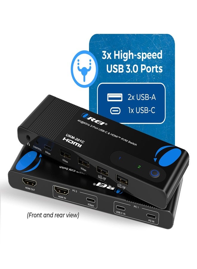 OREI 2x1 4K HDMI & USB-C KVM Switch, 4X Port USB-A, 1x USB-C Share Multiple Devices, Laptops, PC, on One Display Monitor, Keyboard Control, Peripheral Control, Analog Audio Out - Wired Remote Control - Image 2