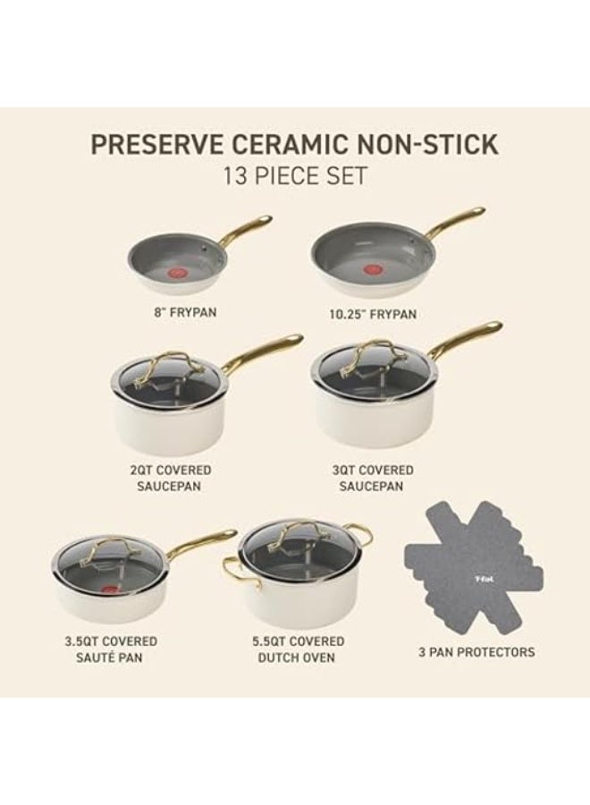 T-fal Preserve Ceramic, Non stick Cookware Set 13-Piece, Oven & Broiler Safe up to 350°F, Includes Stockpot, Saucepans, Frying Pans, Protectors, Pots and Pans, Beige - Image 2