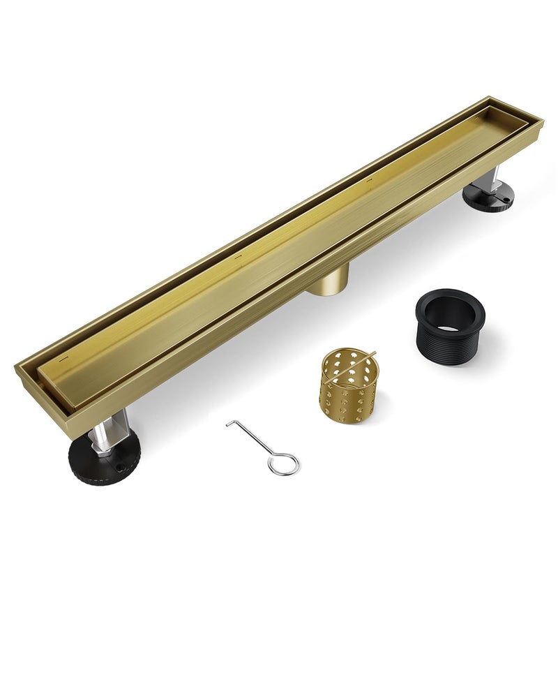 HTOH Gold Shower Drain 24 Inch Linear Shower Drain with Removable Tile Insert Grate 2 in 1 Bathroom Modern 304 Stainless Steel Brushed Gold Shower Floor Drain with Adjustable FeetHair Strainer