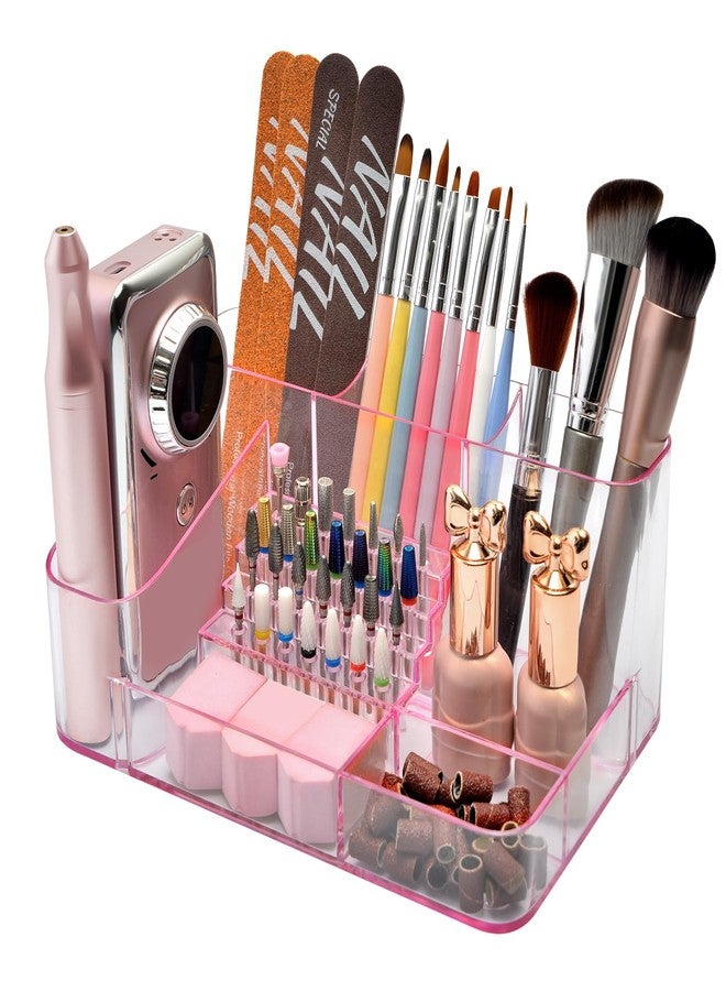 ANRUI Nail Drill Holder, 28 Holes Acrylic Nail Drill Bit Holder, Professional Nail Drill Desk Organizer Case and Storage Box for Manicure Tools - Pink (Not included Tools) - Image 1
