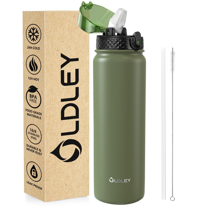OLDLEY Stainless Steel Water Bottle with Straw 1L Vaccum Insulated Large Drink Flask Metal Water Bottles 1 Litre Leakproof Keep Drinks Hot Cold for Camping Sports Gym Adult Women MenOlive 1 Lid