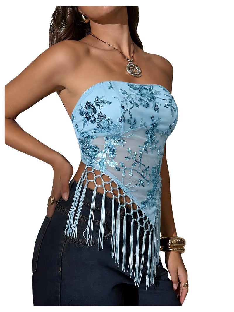 Top MakeMeChic Sequin Tube Top Fringe Y2K Tassel Mesh Blue - Image 1