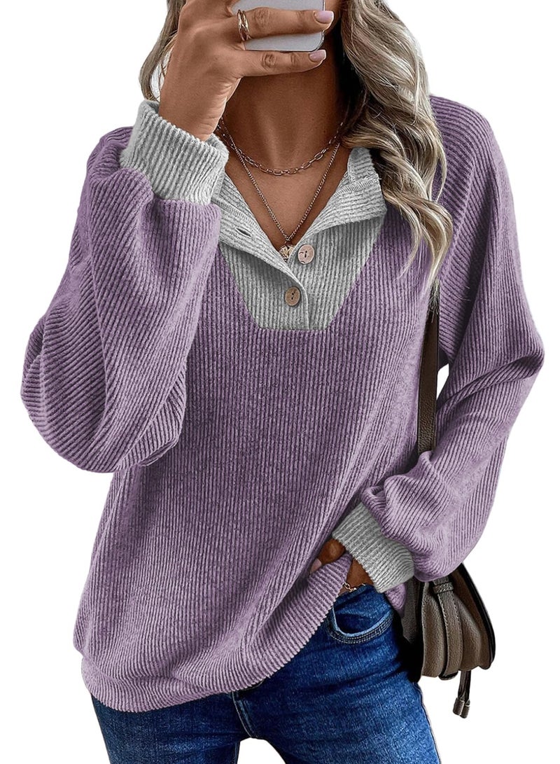 EVALESS Womens Long Sleeve Shirts Spring Fashion 2026 Patchwork Button Up V Neck Plus Size Sweatshirt Casual Trendy Pullover Teacher Outfits Tops Purple XX-Large - Image 1