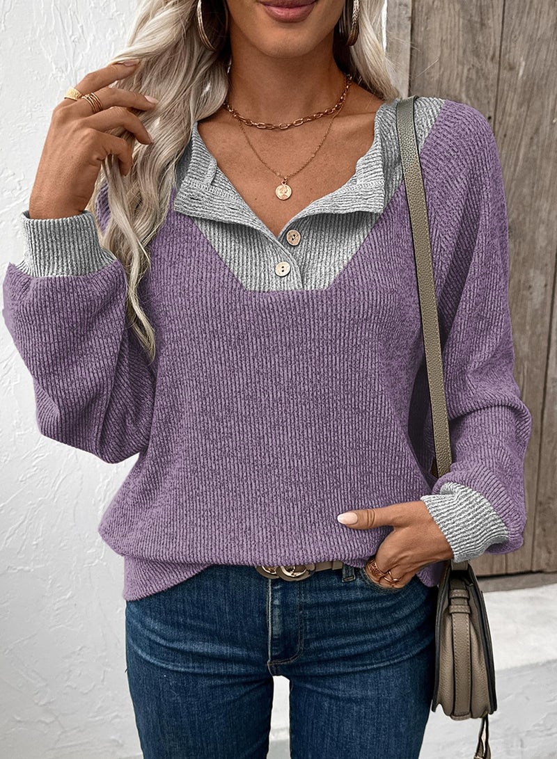 EVALESS Womens Long Sleeve Shirts Spring Fashion 2026 Patchwork Button Up V Neck Plus Size Sweatshirt Casual Trendy Pullover Teacher Outfits Tops Purple XX-Large - Image 3