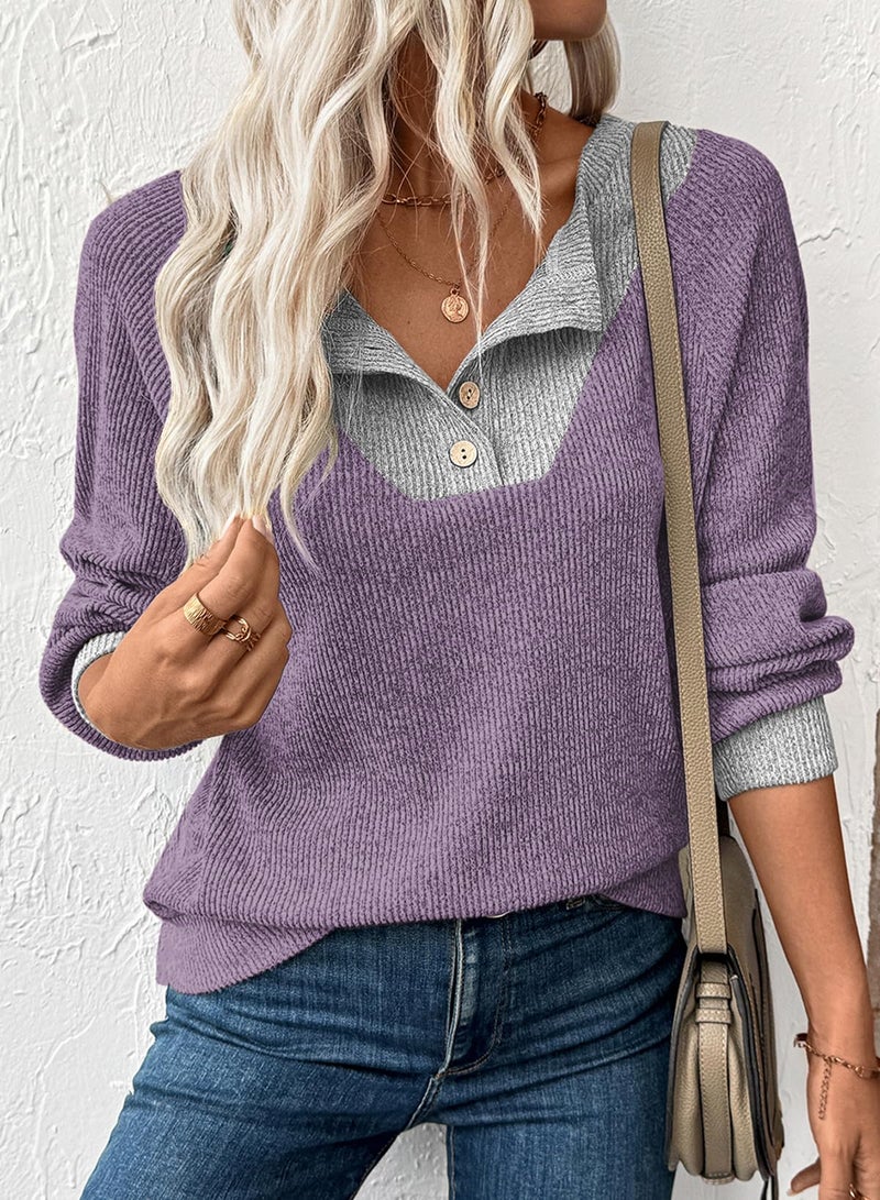EVALESS Womens Long Sleeve Shirts Spring Fashion 2026 Patchwork Button Up V Neck Plus Size Sweatshirt Casual Trendy Pullover Teacher Outfits Tops Purple XX-Large - Image 4