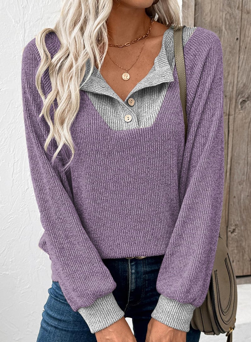 EVALESS Womens Long Sleeve Shirts Spring Fashion 2026 Patchwork Button Up V Neck Plus Size Sweatshirt Casual Trendy Pullover Teacher Outfits Tops Purple XX-Large - Image 2