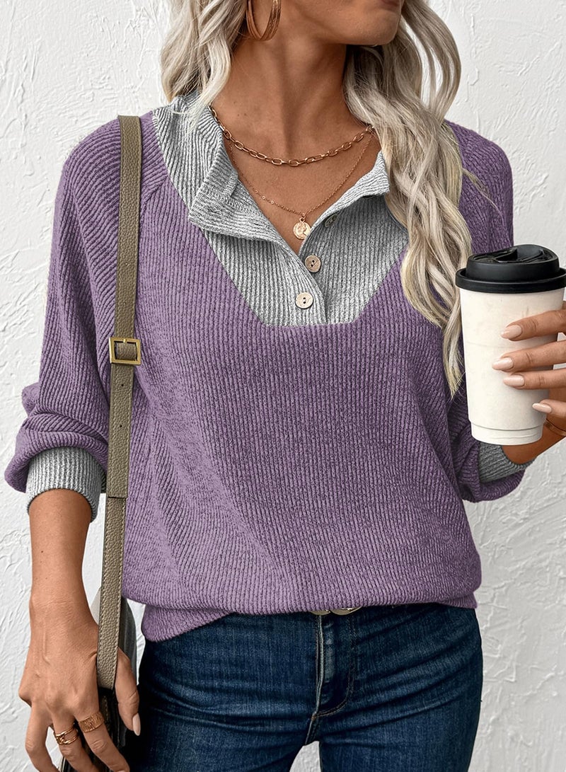 EVALESS Womens Long Sleeve Shirts Spring Fashion 2026 Patchwork Button Up V Neck Plus Size Sweatshirt Casual Trendy Pullover Teacher Outfits Tops Purple XX-Large - Image 5