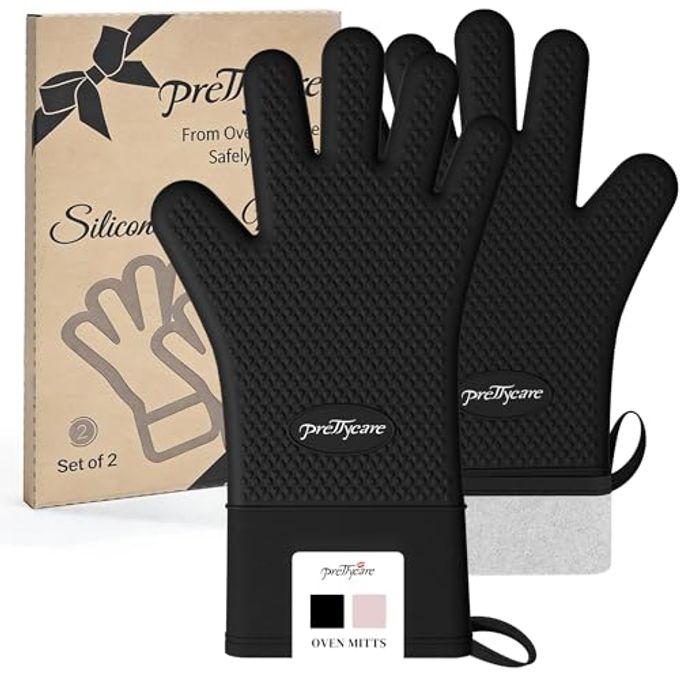 PrettyCare Extra Long 14in Silicone Oven Mitts, Waterproof & Non-Slip Oven Gloves with Fingers,Cotton Lined Silicone Oven Gloves Kitchen Mitts-Heat Resistant for Baking Cooking BBQï¼ˆBlack