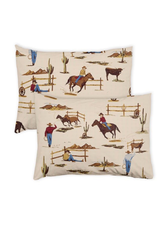 Sweet Jojo Designs Brown Western Cowboy Boy Pillow Shams Queen Size Covers Kids Bed Bedroom Standard Pillowcases 2pc Wild West Southern Charm Country South Horse Cow Animal Tan Red and Blue - Image 1