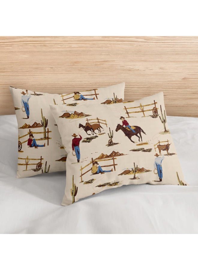 Sweet Jojo Designs Brown Western Cowboy Boy Pillow Shams Queen Size Covers Kids Bed Bedroom Standard Pillowcases 2pc Wild West Southern Charm Country South Horse Cow Animal Tan Red and Blue - Image 2
