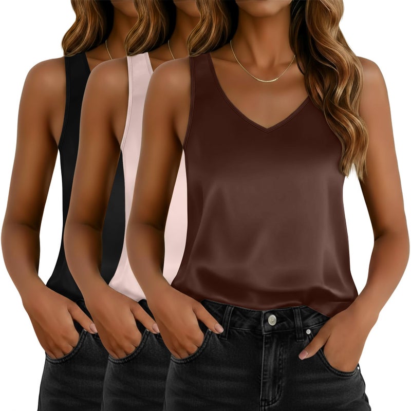 Riyiper 3 Pack Women's Silk Satin Tank Tops, Sleeveless V Neck Cami Summer Basic Camisole Loose Fit Casual Blouses Shirt(Large,Black, Coffee, Champagne) - Image 1