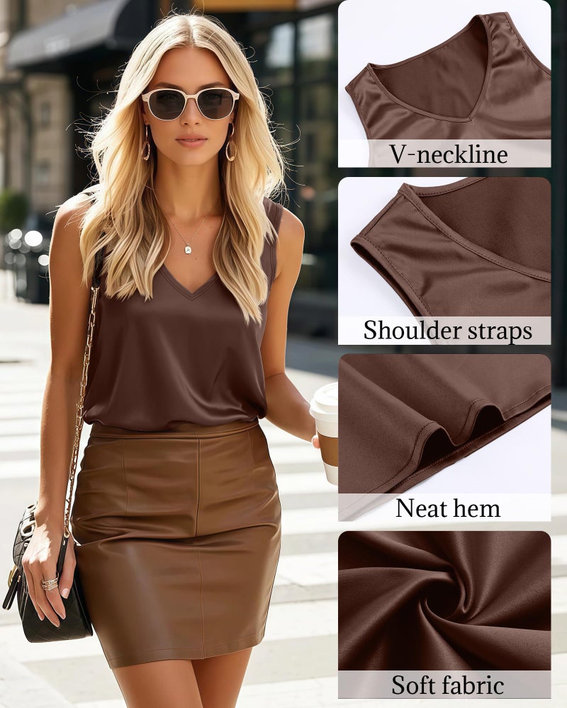Riyiper 3 Pack Women's Silk Satin Tank Tops, Sleeveless V Neck Cami Summer Basic Camisole Loose Fit Casual Blouses Shirt(Large,Black, Coffee, Champagne) - Image 4