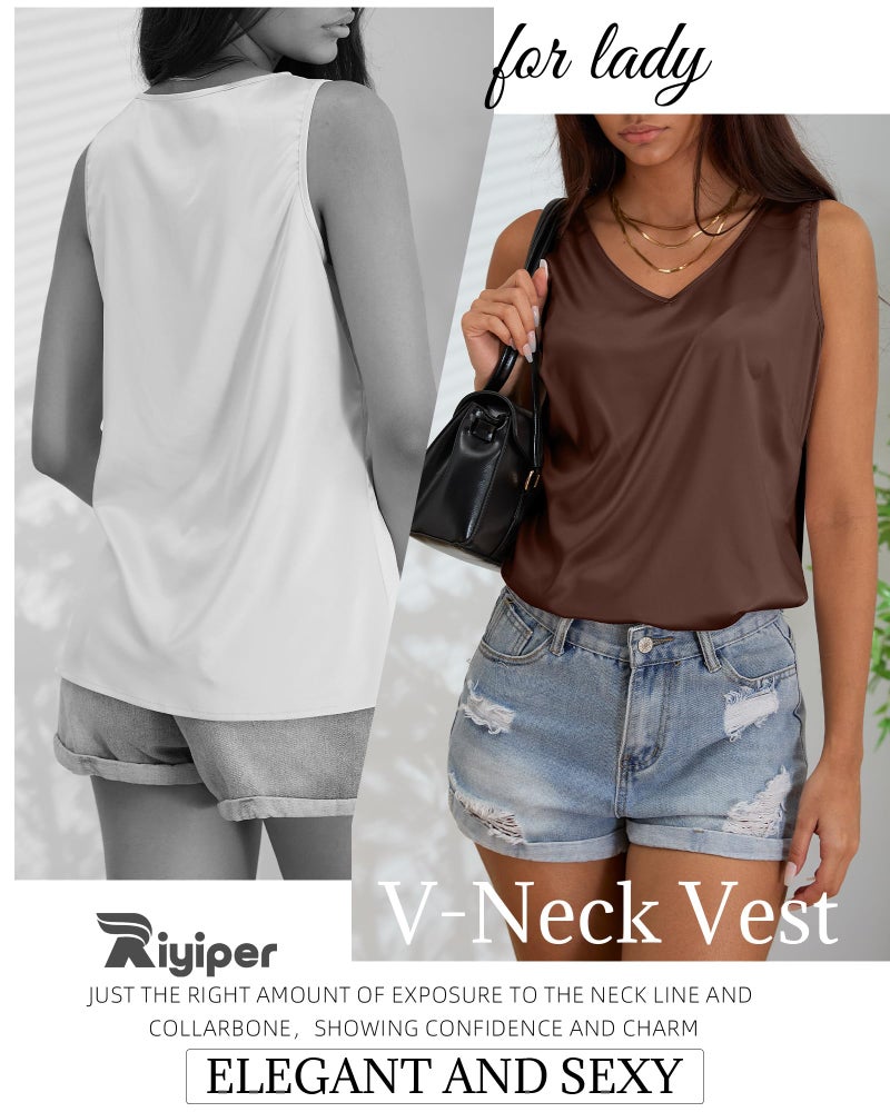Riyiper 3 Pack Women's Silk Satin Tank Tops, Sleeveless V Neck Cami Summer Basic Camisole Loose Fit Casual Blouses Shirt(Large,Black, Coffee, Champagne) - Image 5