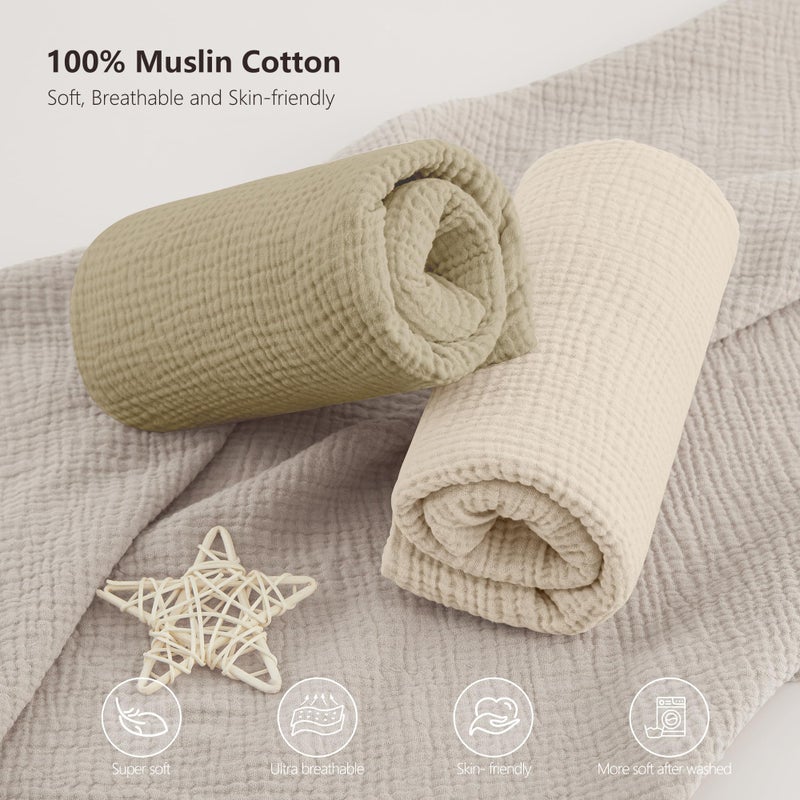 Bearmoss Muslin Crib Sheets 100% Cotton Baby Crib Sheets Fitted for Standard Crib Mattress & Toddler Bed Mattress 52"x28" Soft Breathable Crib Sheet Neutral for Boys Girls - 2 Pack (Oat Latte) - Image 4