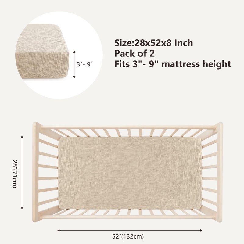 Bearmoss Muslin Crib Sheets 100% Cotton Baby Crib Sheets Fitted for Standard Crib Mattress & Toddler Bed Mattress 52"x28" Soft Breathable Crib Sheet Neutral for Boys Girls - 2 Pack (Oat Latte) - Image 3