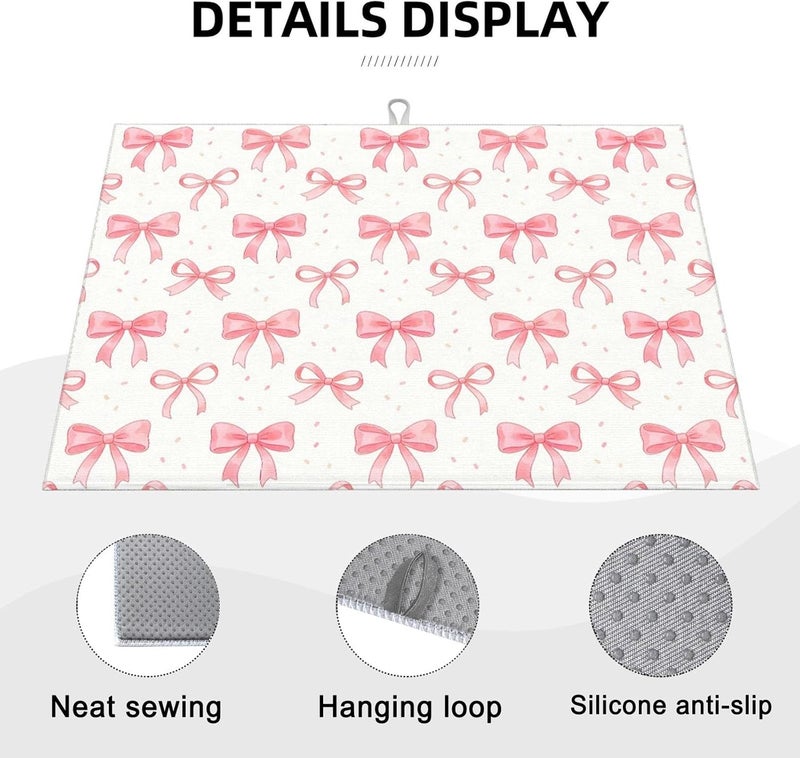 Vodbne Bow Dish Drying Mat, for Kitchen Counter Microfiber Absorbent, Pink Cute Dish Draining Mat Extra Large 18"x24" - Image 3