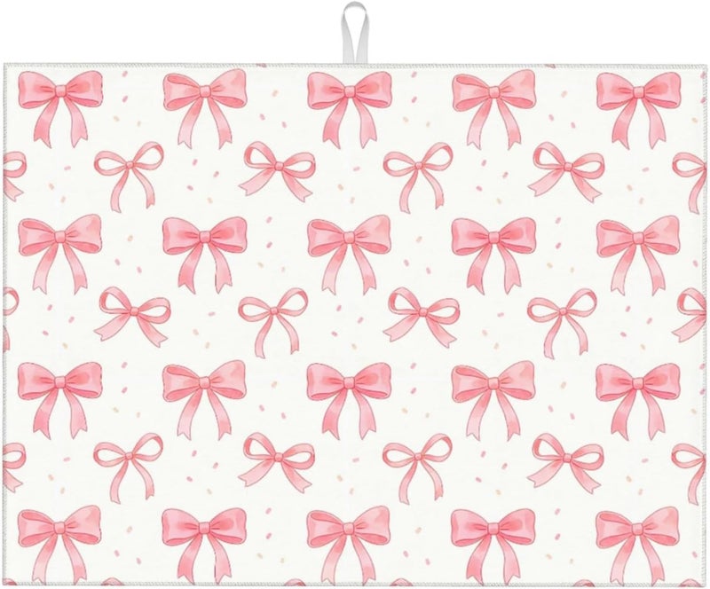 Vodbne Bow Dish Drying Mat, for Kitchen Counter Microfiber Absorbent, Pink Cute Dish Draining Mat Extra Large 18"x24" - Image 1