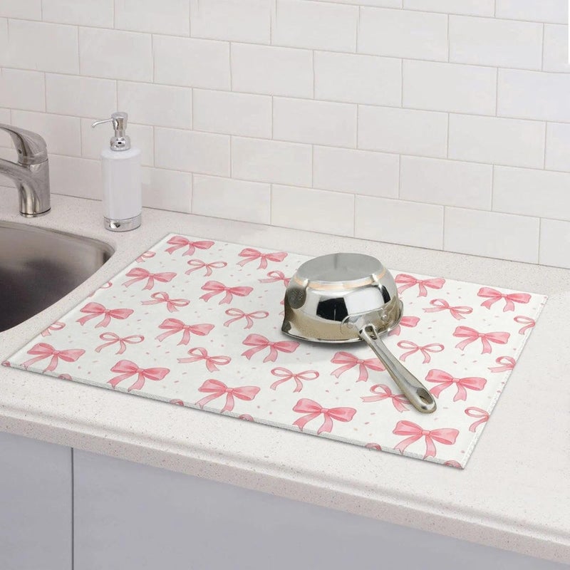 Vodbne Bow Dish Drying Mat, for Kitchen Counter Microfiber Absorbent, Pink Cute Dish Draining Mat Extra Large 18"x24" - Image 5