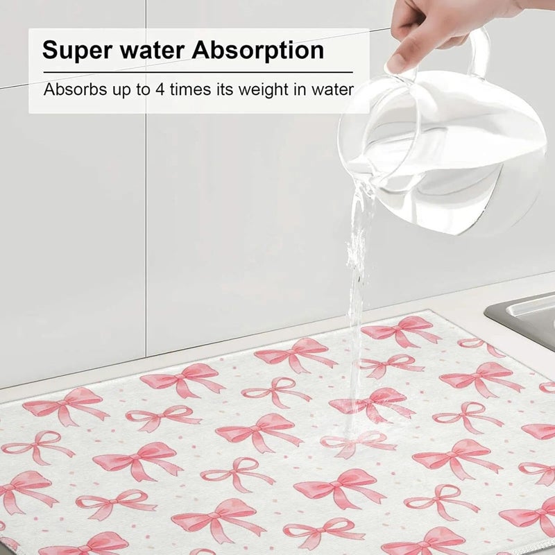 Vodbne Bow Dish Drying Mat, for Kitchen Counter Microfiber Absorbent, Pink Cute Dish Draining Mat Extra Large 18"x24" - Image 4