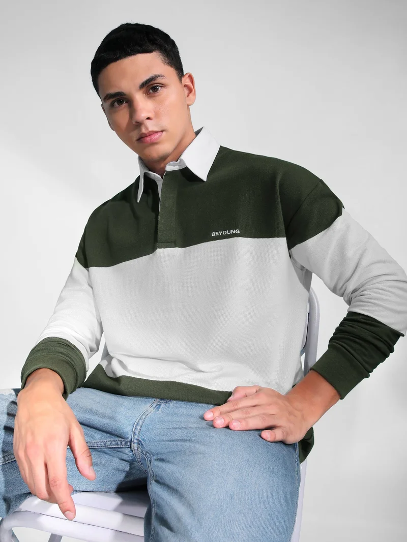 Beyoung Olive Green Striped Polo Sweatshirt