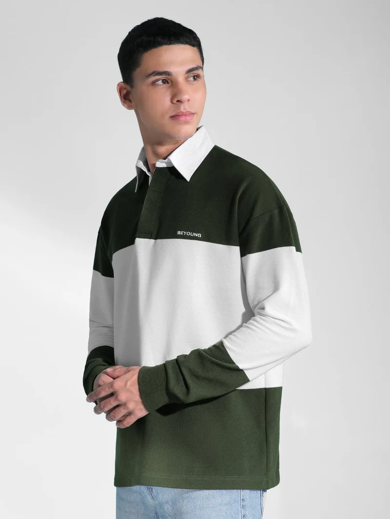 Beyoung Olive Green Striped Polo Sweatshirt