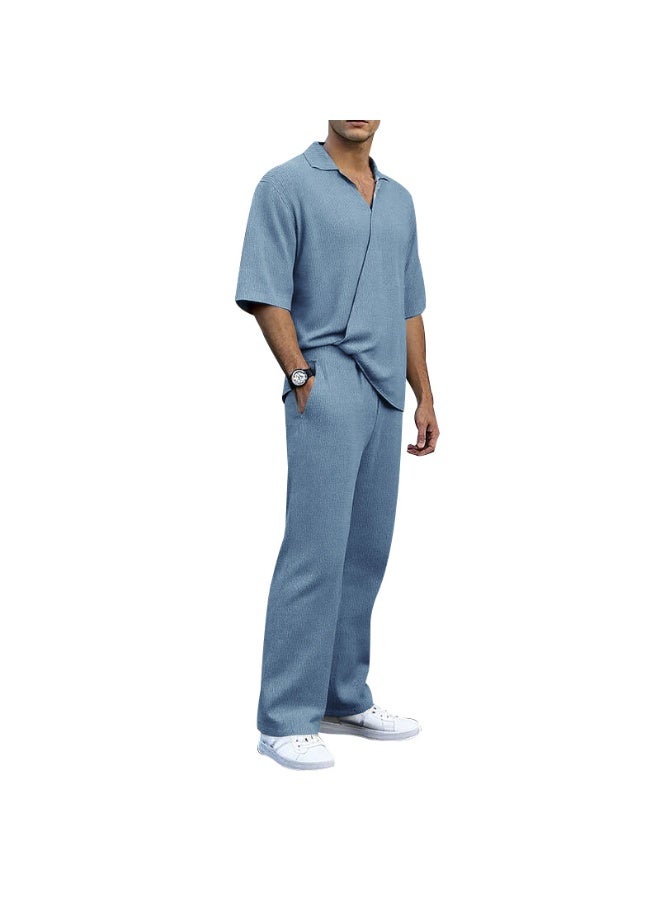 Men's Summer Sportswear Set Casual Pure Color Short Sleeve Long Pants Two-Piece Suit Lightweight Comfortable - Image 1