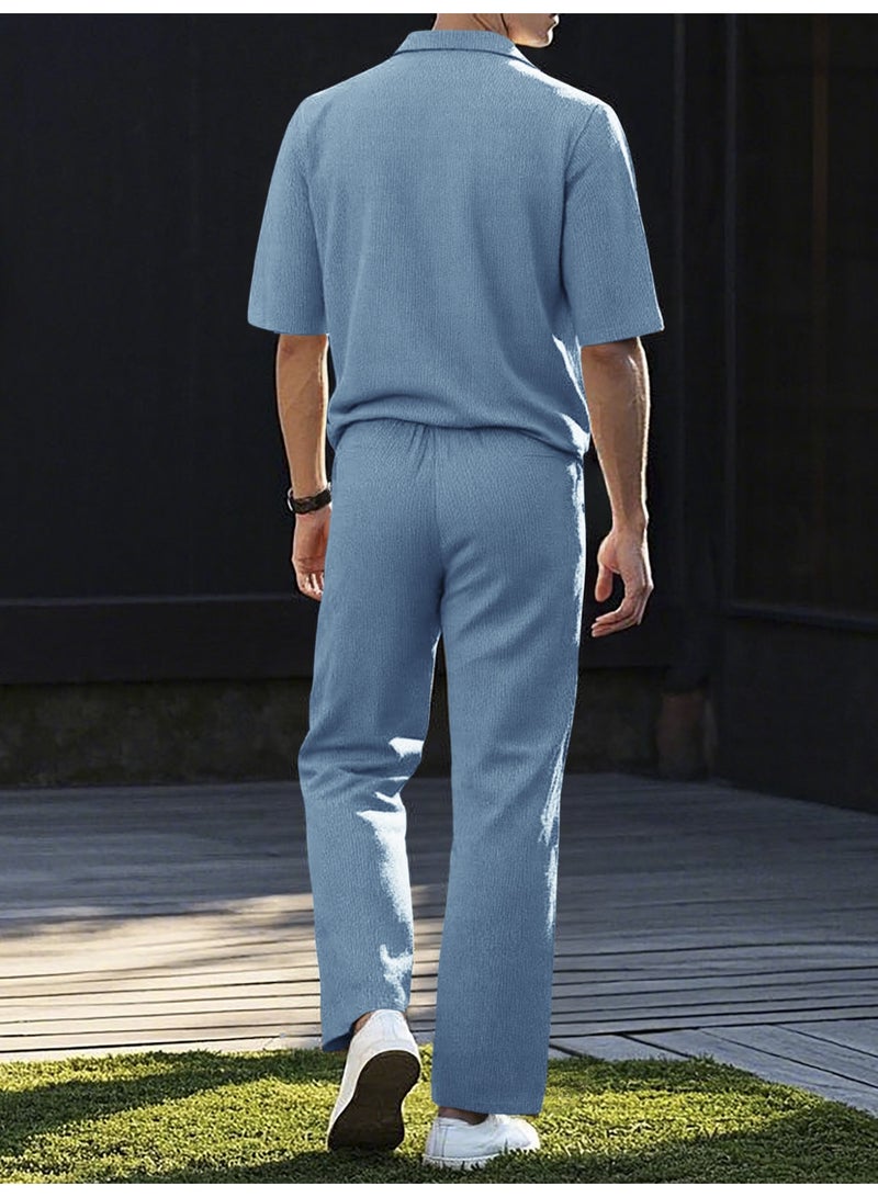 Men's Summer Sportswear Set Casual Pure Color Short Sleeve Long Pants Two-Piece Suit Lightweight Comfortable - Image 3