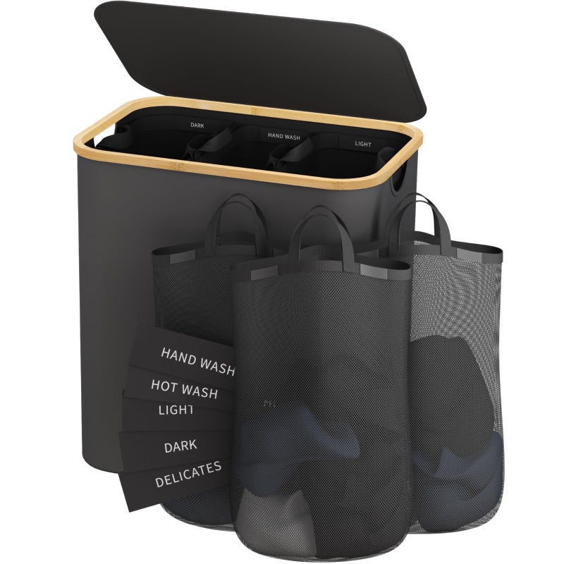 سلة غسيل مع غطاء 160 لتر سلة ملابس متسخة لسلة الغسيل 3 أقسام سلة فرز غسيل كبيرة جداً 3 حجرات مع أكياس داخلية قابلة للإزالة ملصقات رمادي داكن