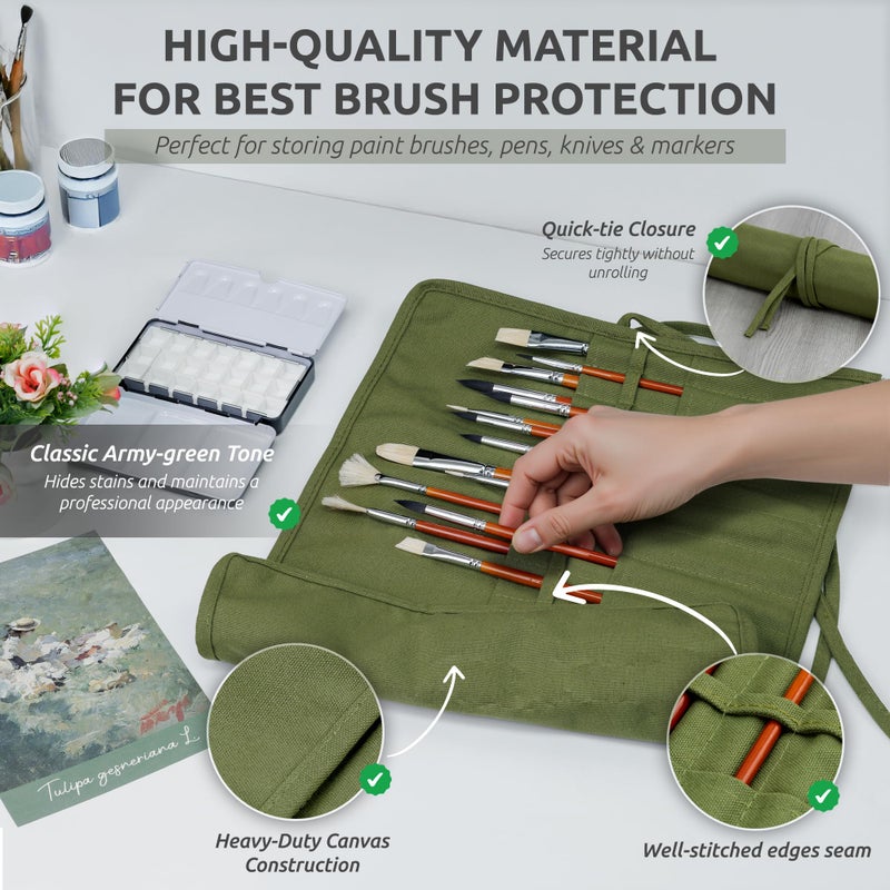 DUGATO 30-Slot Roll-Up Paint Brush Holder, Premium Canvas Brush Organizer for Artists, Washable Travel Brush Case for Watercolor, Acrylic, Pens & Art Supplies (Army Green) - Brushes not Included - Image 4