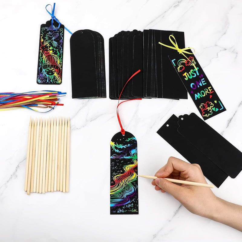 Dimeho Scratch Picture Bookmarks, Set of 48, 3 Styles, Scratch Paper Art Bookmarks, Students, Party Gifts, Rainbow DIY Bookmarks, Hanging Gift Tags with Scratch Tool Ribbon for the Classroom - Image 5
