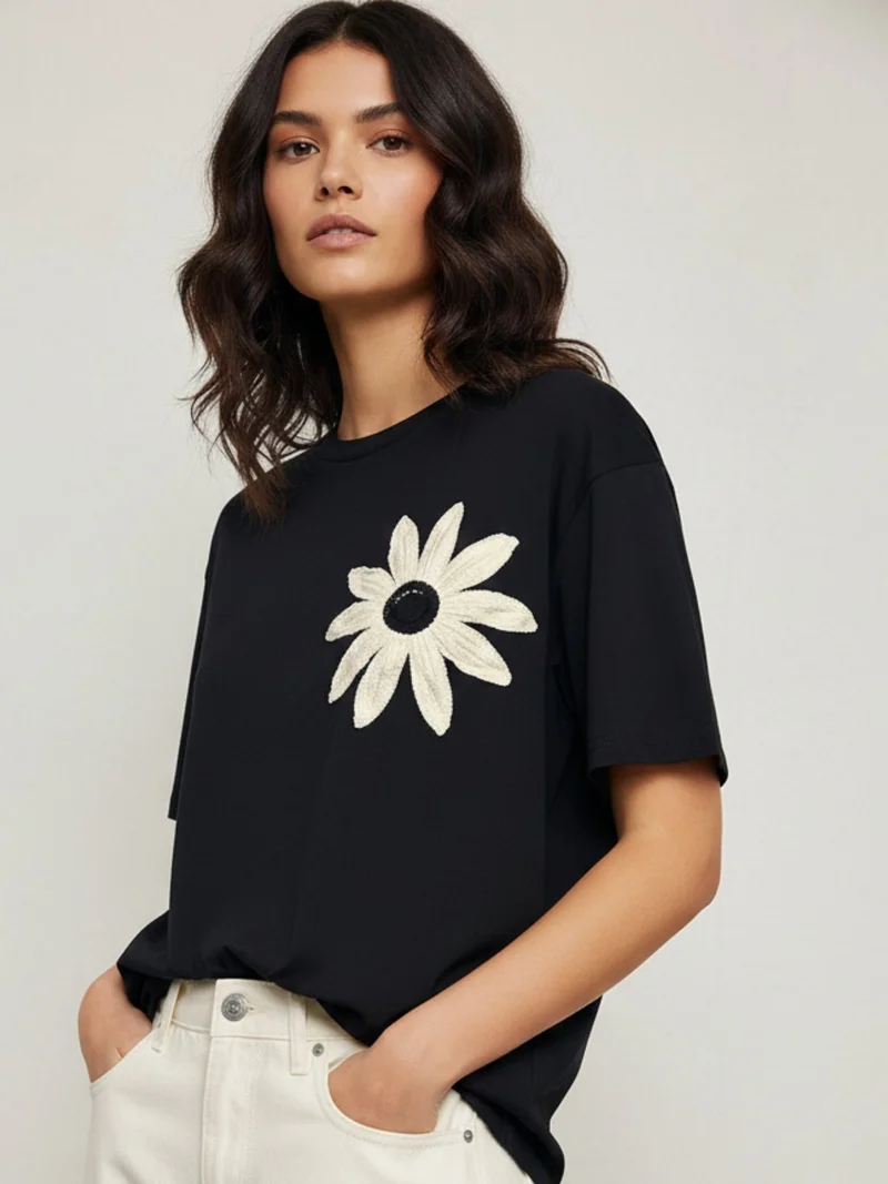 Outzidr  Black Short Sleeve Floral Embroidered Top for Women | Best Price UAE