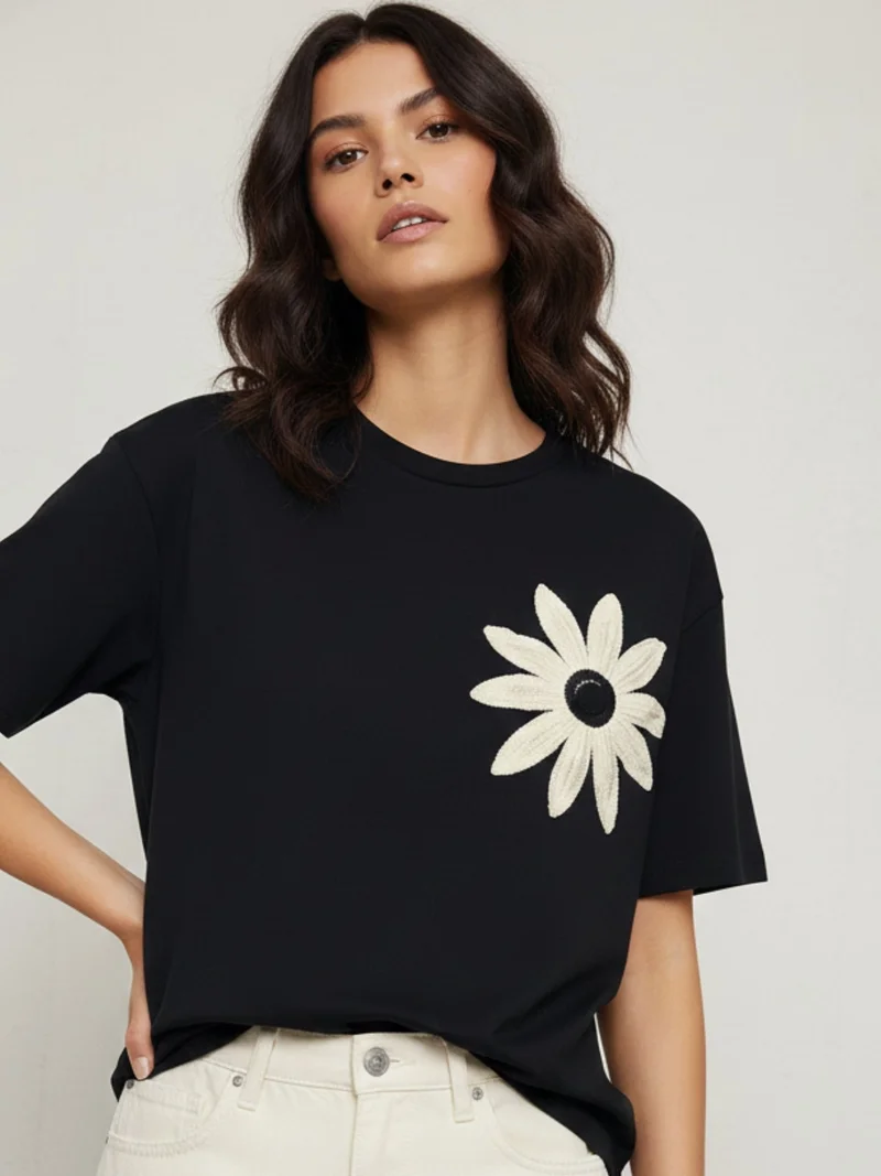 Black Short Sleeve Floral Embroidered Top