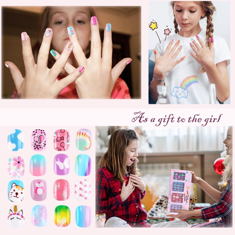 Jsiallye 192Pcs Short Press on Nails for Kids,8 Packs Children Stick on Nails Fake Nails for Kids, Pre-glue Full Cover Glitter Gradient Color Unicorn Animal Kits Sets for Girls - Image 4