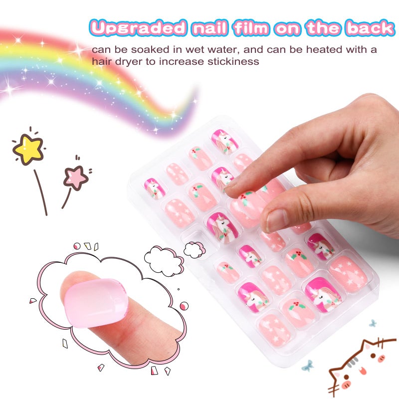 Jsiallye 192Pcs Short Press on Nails for Kids,8 Packs Children Stick on Nails Fake Nails for Kids, Pre-glue Full Cover Glitter Gradient Color Unicorn Animal Kits Sets for Girls - Image 3