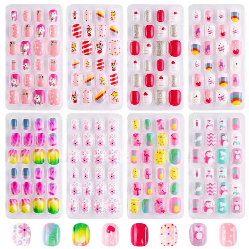 Jsiallye 192Pcs Short Press on Nails for Kids,8 Packs Children Stick on Nails Fake Nails for Kids, Pre-glue Full Cover Glitter Gradient Color Unicorn Animal Kits Sets for Girls - Image 1