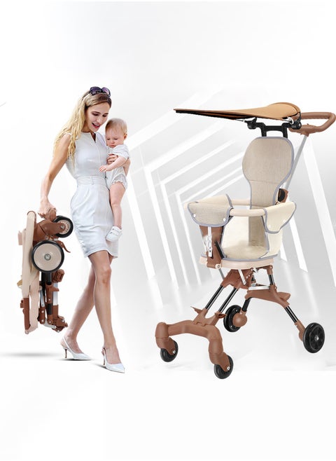 Portable Folding Baby Stroller with Two-Way Swivel and Adjustable Front & Rear Handles – Suitable for 10-36 Months, Brown