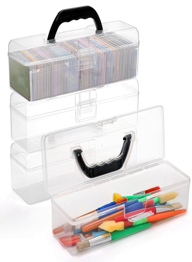 Acshio 4 Pack Long Plastic Pencil Box, Stackable Trading Playing Card Storage Organizer Box with Handle, Clear Home Utility Art Crafts Supplies Boxes for Ruler, Paint Brushes, Office - Image 1