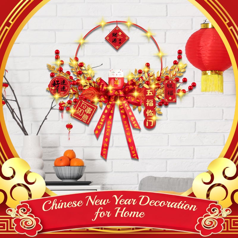 Denylo pro Chinese New Year Wreath with Gold Leaver Flower Wreath Chinese Spring Festival Hanging Ornament for Wall Door Windows Spring Festival Decor - Image 5