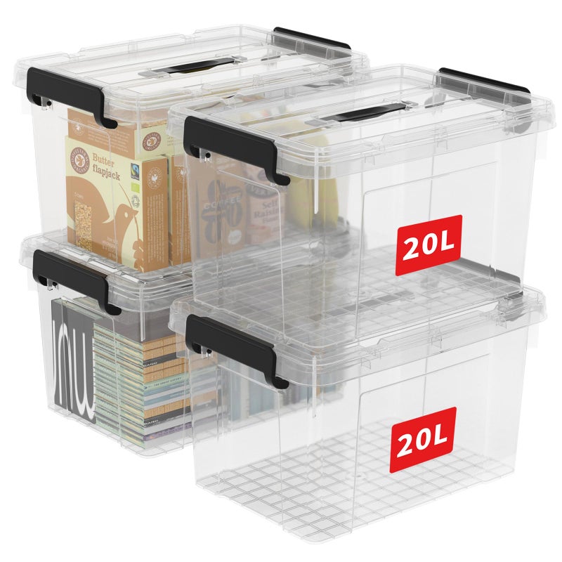 Cetomo 20L4 Storage Boxes Carry Plastic Storage Box with Lids Organizing Container with Handle and Secure Latching Buckles Stackable Nestable Tote Bin for Home Office Clothes 20L4Pack Clear