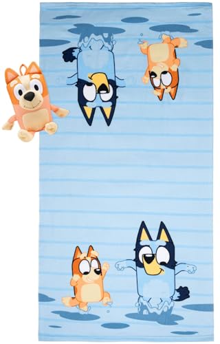 Jay Franco Bluey and Bingo Bath Towel & Bath Buddy Set - 25 x 50 Inch Soft Absorbent Kids Towel with 13 Inch Matching Bingo Plush Toy, Cozy Bathtub Accessories for Pool, Beach, Travel, Blue - Bingo - Image 1