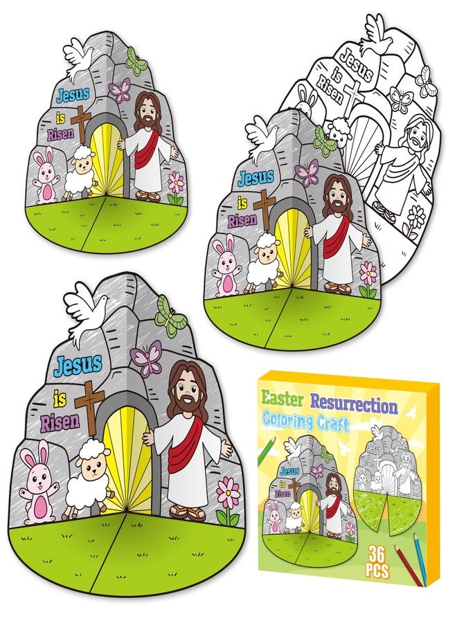 CY2SIDE Easter Jesus Resurrection Coloring Craft - 36PCS Color Your Own 3D Empty Tomb of Jesus Is Risen Scene Craft for Kid DIY Christian Easter Party Gift for Sunday School Classroom Home Fun Project - Image 1