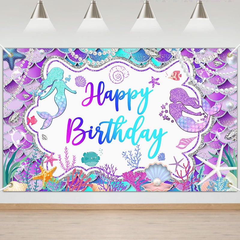 Mermaid Birthday Backdrop Glitter Purple Mermaid Banner Happy Birthday Party Decorations for Girls 6x36 ft Photo Background - Image 2