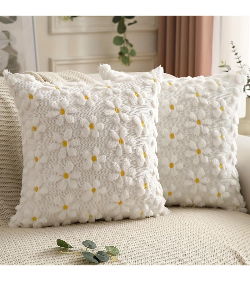 Set Of 2 Farmhouse 18x18 Pillow Covers With Yellow Daisy Flowers - Image 4