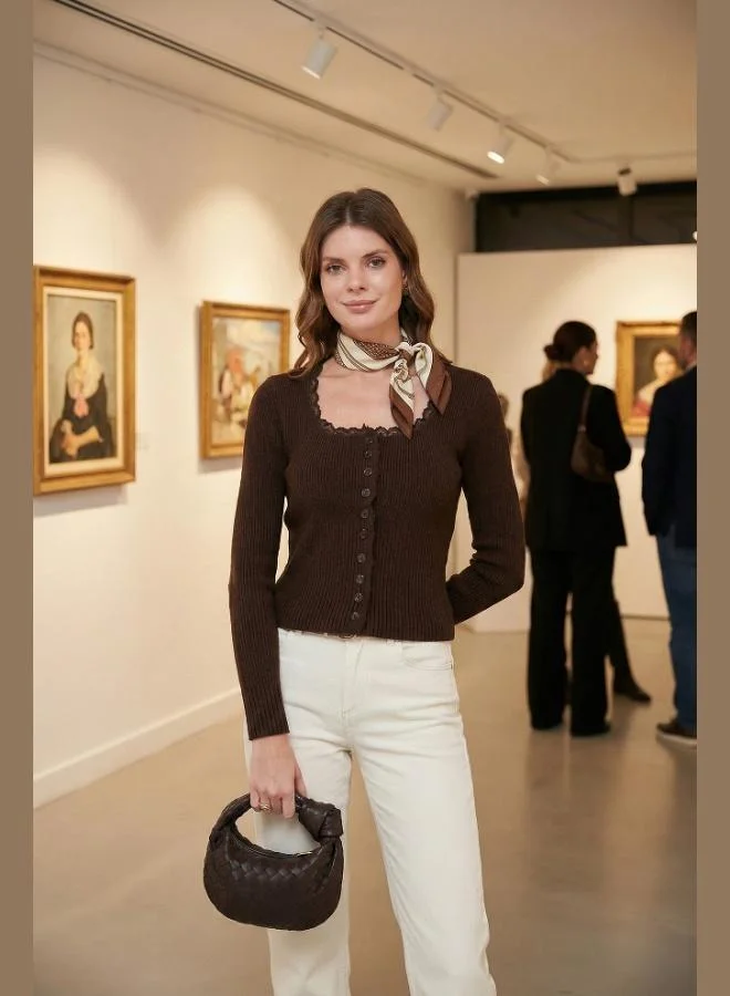 Lela Lela Premium Slim Fit Lace Detailed Collar Knitted Cardigan Women's CARDIGAN 680HI00061