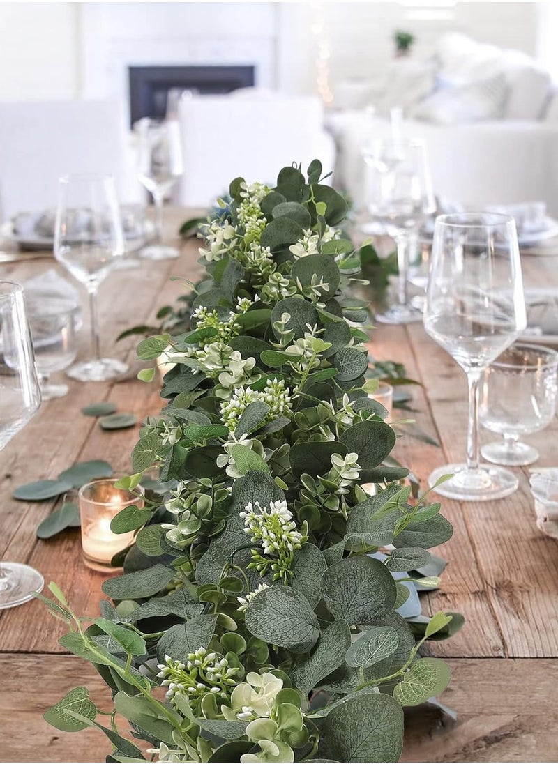Mordely Artificial Eucalyptus Greenery Plant Fake Silver Dollar Leaves Garland Wreath Fake Vines with White Flowers Table Runner for Wedding Arch Home Party Mantle Decor  - Image 2